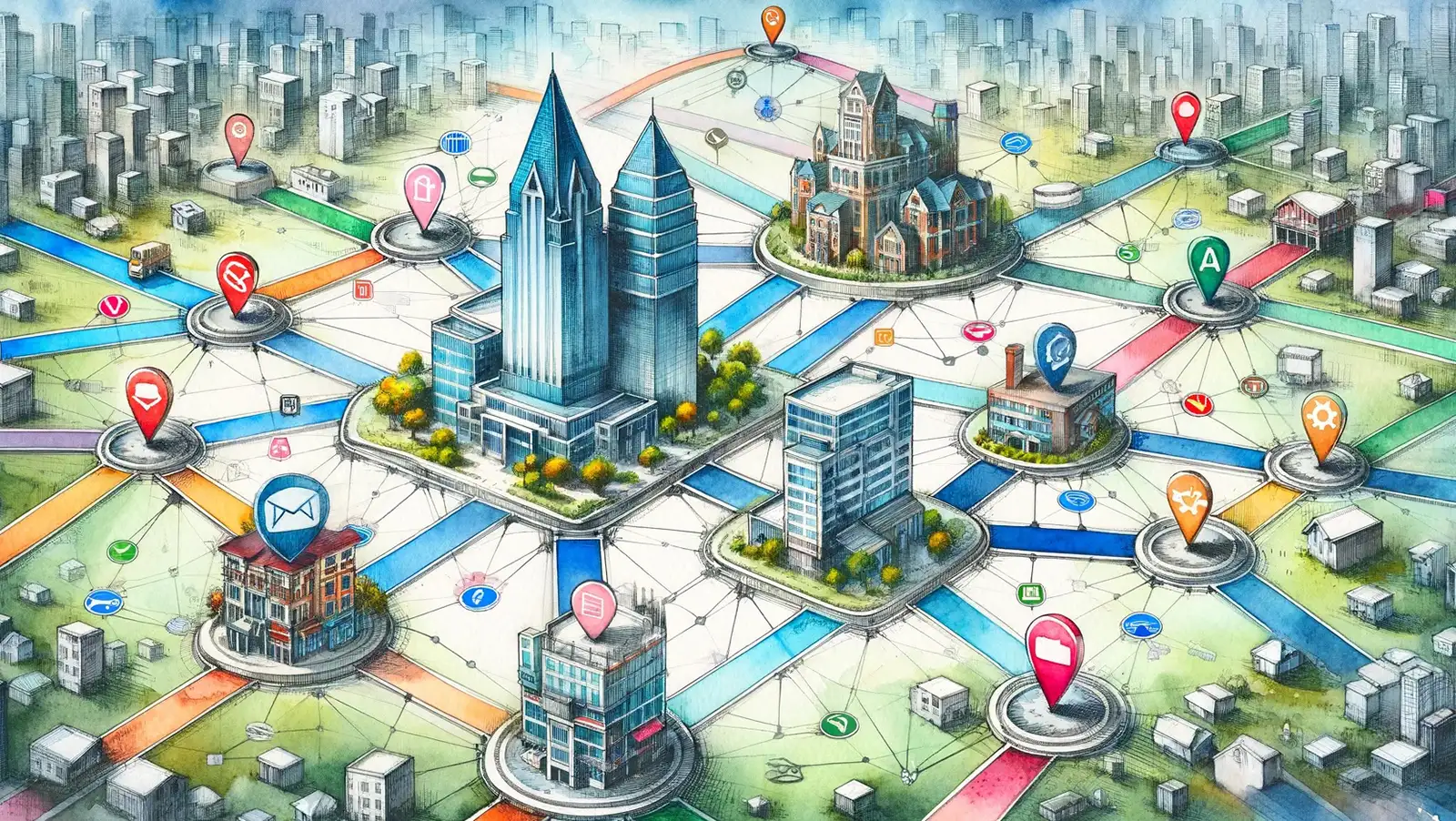 Une image qui illustre le concept de SEO off-page à travers un réseau de backlinks. Le réseau montre divers bâtiments qui représentent des sites web connectés entre eux