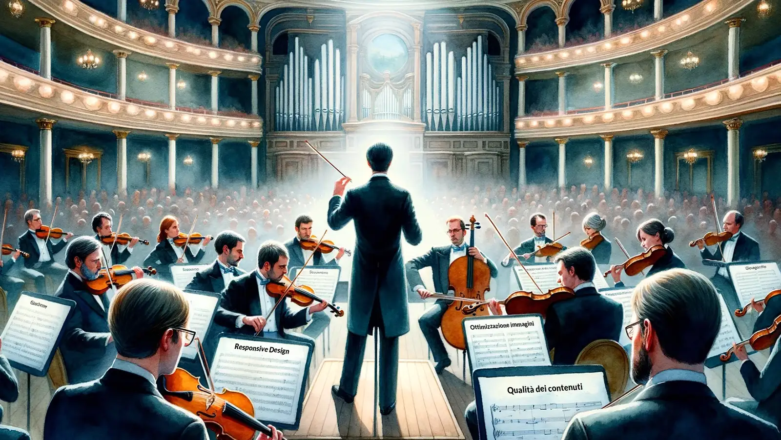 Un chef d'orchestre élégant et concentré dirigeant un orchestre dans une grande salle de concert. Chaque musicien représente un aspect différent de la SEO On-page