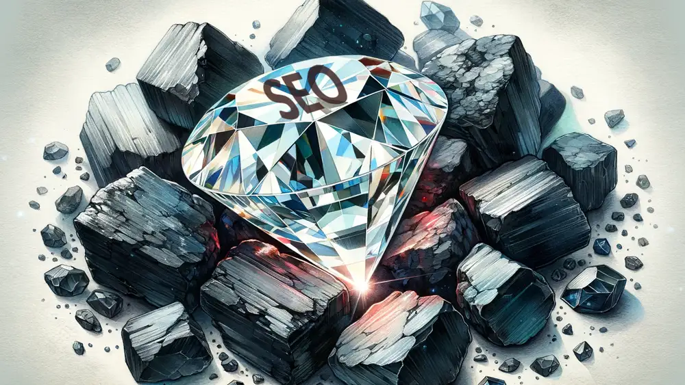 Un diamant avec l'inscription SEO au milieu du charbon pour signifier l'importance de la qualité des contenus