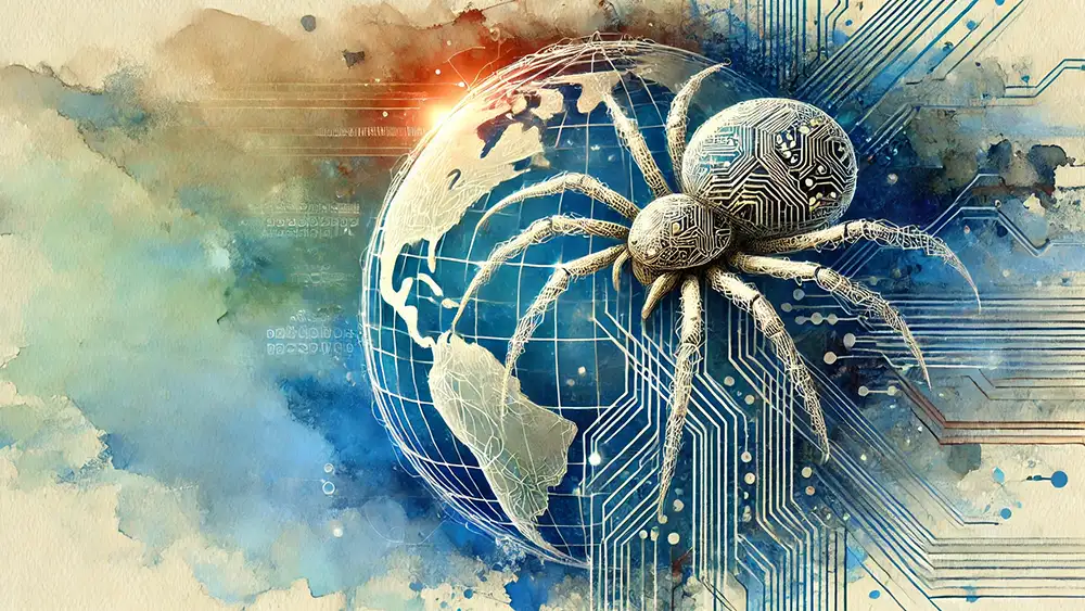 Le spider d'un moteur de recherche avec un dos semblable à un circuit imprimé explore le web.