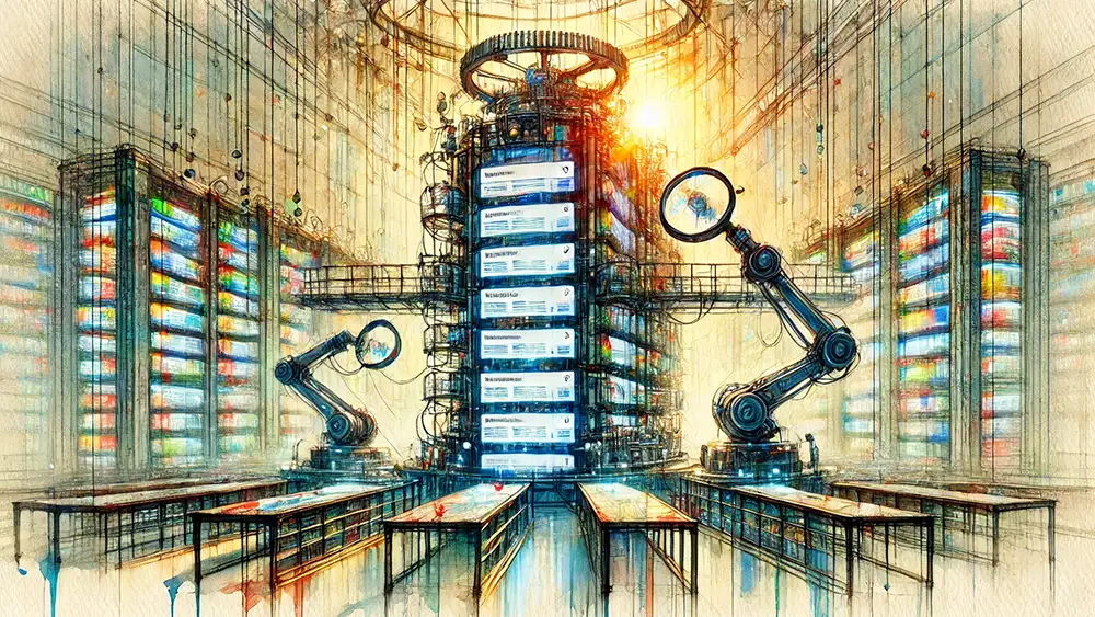 Une centre de donnes où des bras robotiques sont à l'œuvre pour collecter et trier des racks de collecte de données.
