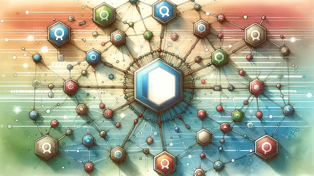 Un réseau numérique formé d'un nœud central entouré de nombreux autres nœuds secondaires, qui représente le mécanisme du link building